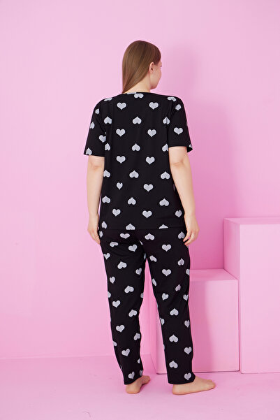 Siyah İnci siyah beyaz kalp baskılı Büyük Beden Battal Boy bisiklet yaka Örme Pijama Takım