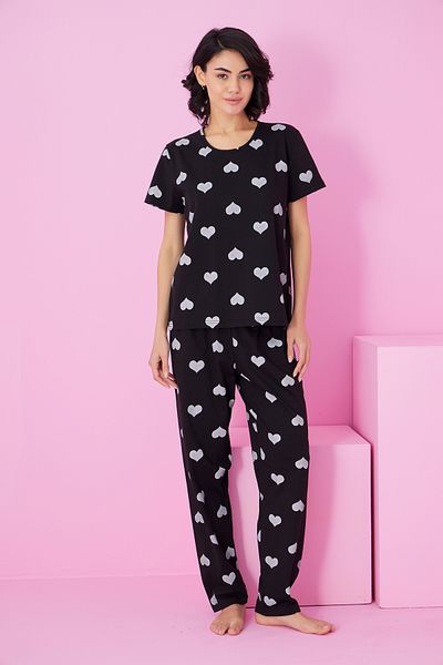 Siyah İnci Black and White Heart Printed Crew Neck Knitted Pajama Set