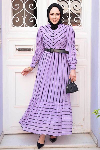 N.S NEVA STYLE Φόρεμα Hijab με λιλά σχέδιο 43534