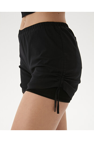 Ayma Active Siyah Çift Katlı Büzgülü Şort