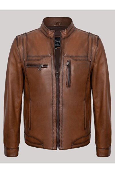 DeriWork Hakiki Kuzu Derisi Dik Yaka Fermuarlı Erkek Ceket Taba