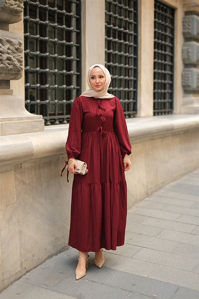 LOCCO Γυναικείο φόρεμα με κορδόνι στη μέση Claret Red