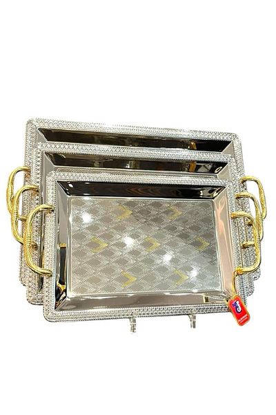 aljahwari 3-Piece Serving Tray Set, Two-Tone Nickel