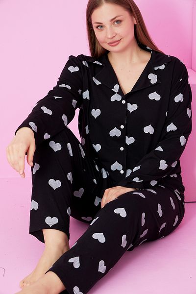Siyah İnci Black and White Heart Printed Large Size Oversized Buttoned Knitted Pajama Set