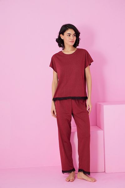 Siyah İnci Burgundy Lace Detailed Crew Neck Knitted Pajama Set