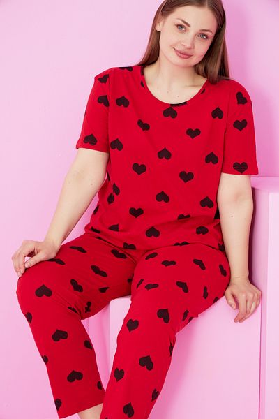 Siyah İnci Red Black Heart Printed Large Size Oversize Crew Neck Knitted Pajama Set