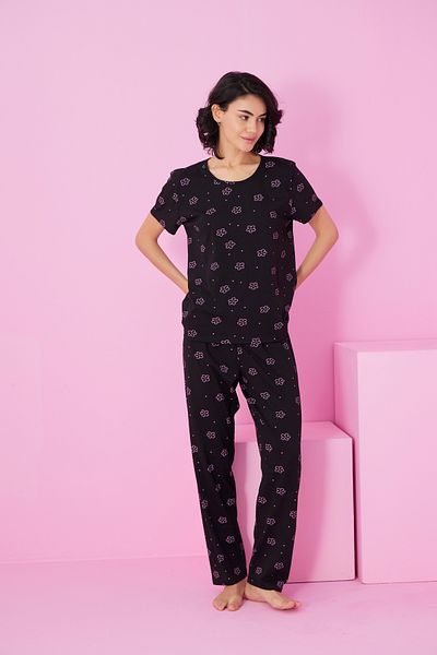 Siyah İnci Black Pink Flower Printed Crew Neck Knitted Pajama Set