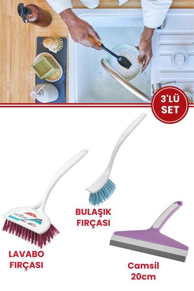 Flora 3 lü Trendy Temizlik Seti, F367 Bulaşık Fırçası + F388 Lavabo Küvet Fır...