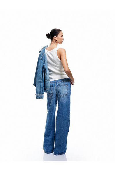 Koton Wide Leg Pocket Buttoned Jean Trousers - Loose Straight Fit Jean