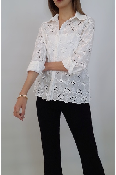 oyagüler KADIN BEYAZ ETEK UCU DİLİMLİ BAKLAVA DESEN FİSTO GÖMLEK YY101215