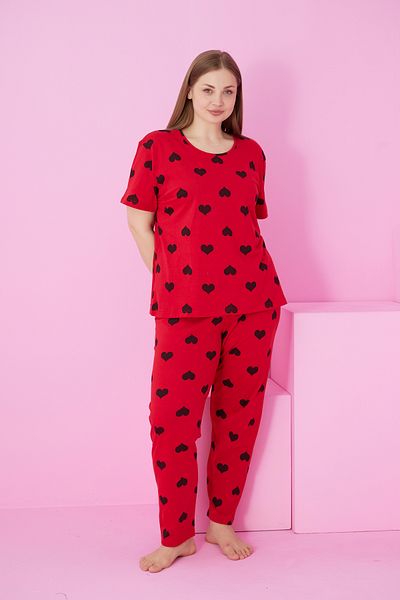 Siyah İnci Red Black Heart Printed Large Size Oversize Crew Neck Knitted Pajama Set