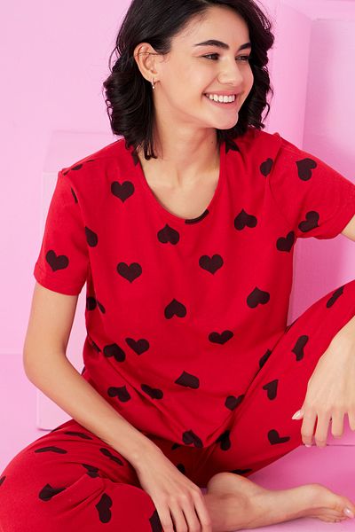 Siyah İnci Red Black Heart Printed Crew Neck Knitted Pajama Set