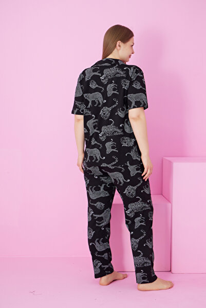 Siyah İnci Set de pijamale supradimensionate, tricotate cu nasturi, cu imprimeu leopard, alb-negru