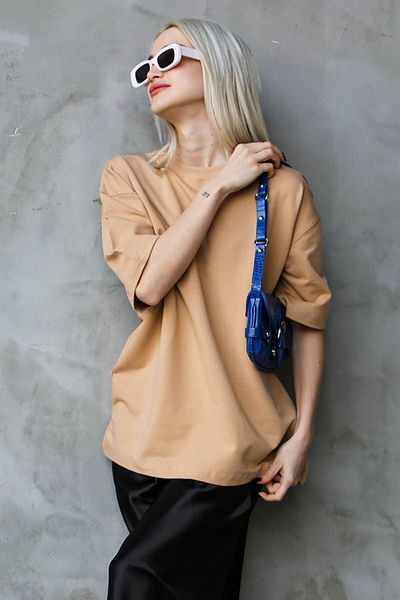 Madmext Beigefarbenes Basic-Oversize-T-Shirt mit Rundhalsausschnitt Mg1687
