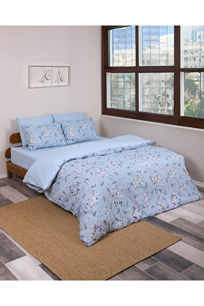 ENESSA Set cuvertură de pilota elastică dublă cu model de flori albastre - cearșaf BATTAL