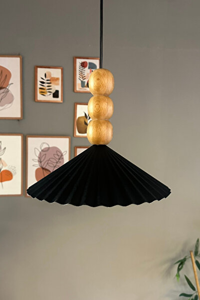 Bamyum Avilla Siyah Tekli Metal Avize Ahşap Üç Boncuk Rustik Cafe Mutfak Modern Dekoratif Sarkıt Aydınlatma