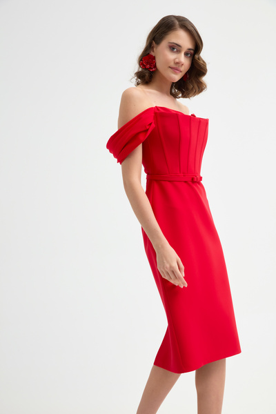 Lafaba Kadın Kırmızı Korse Detaylı Midi Kalem Abiye Elbise