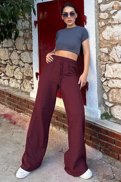 Madmext Burgundy Wide Leg Muslin Women's Trousers Mg1980
