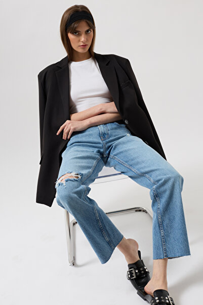 Black Fashion Lazer Kesim Yüksek Bel Mavi Jean