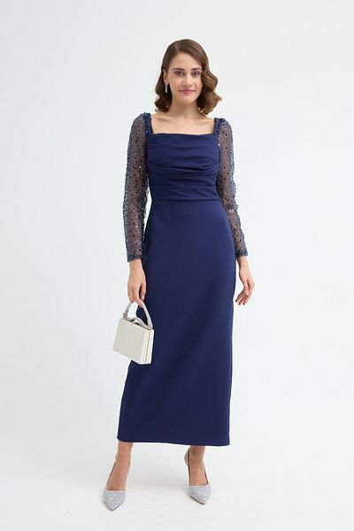 Lafaba Women's Navy Blue Heart Collar Sleeves Sequined Midi Promise Engagement Wedding Evening Dress