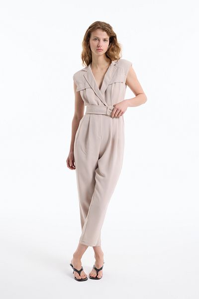 Quzu Double Breasted Collar Belted Long Jumpsuit Stone