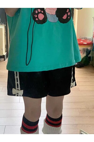 Köstebek Black Beige Shorts with Bow Tie - Stripe Detail