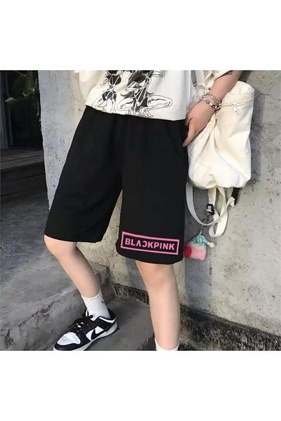 Köstebek K-Pop Μαύρο ροζ ροζ λογότυπο χτενισμένο βαμβακερό σορτς Unisex