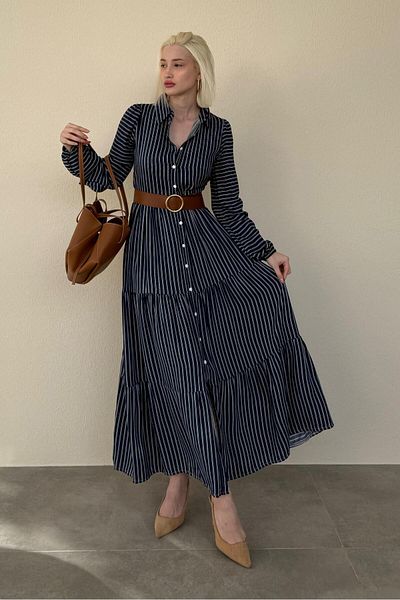 Madmext Rochie lungă cu nasturi cu dungi bleumarin MG2392