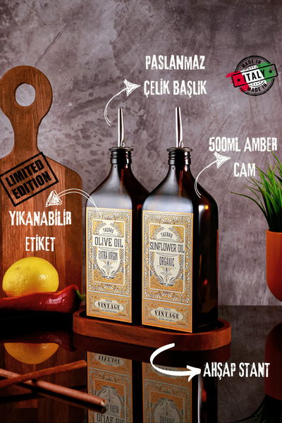 TheBRo 500ml Ahşap Stantlı Premium Serisi Amber Renkli Zeytinyağı Şişesi Ve A...