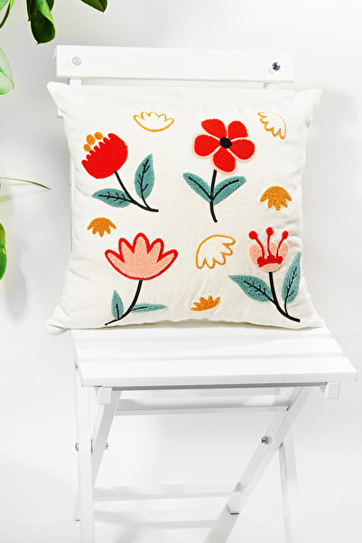 verra home غطاء وسادة مزخرف مطرز من القماش الأبيض مقاس 45 × 45 سم