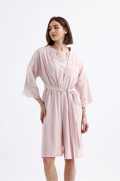 Magic Form Embroidery Detailed Combed Cotton Maternity Dressing Gown-Nightgown Set