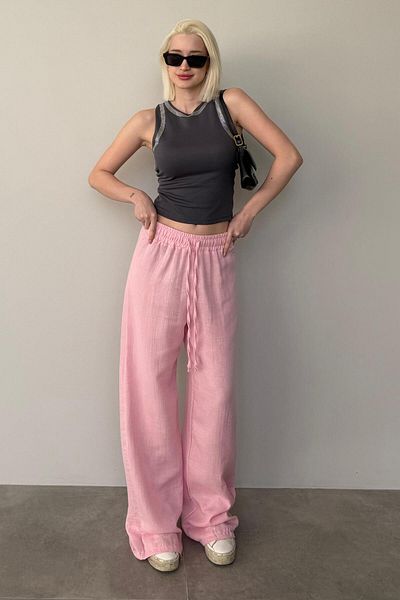 Madmext Pantaloni de damă din muselină cu picioare largi roz MG1980