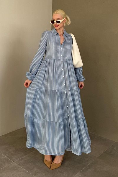 Madmext Rochie lungă cu nasturi cu dungi albastre MG2392