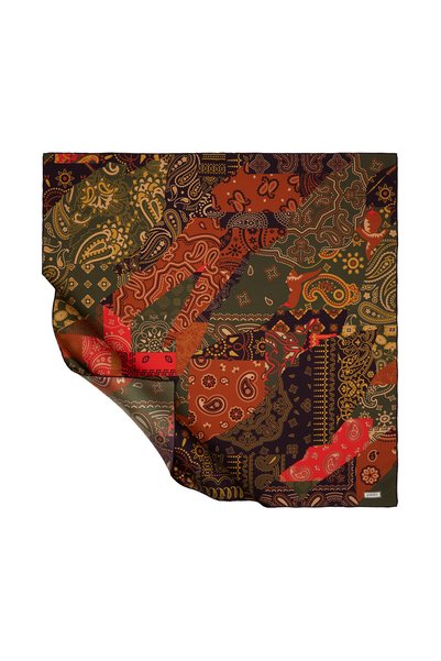 ipekevi Acı Kahve Patchwork Desenli Tivil Ipek Eşarp
