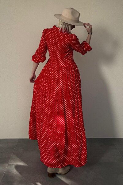 Madmext Kırmızı Düğmeli Puantiyeli Uzun Elbise MG2404