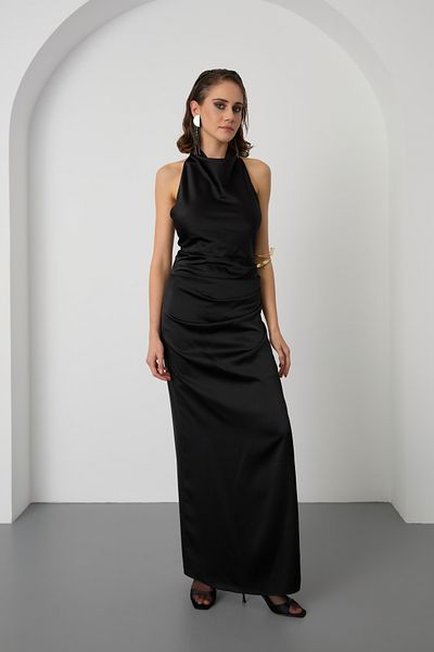 Lafaba Women's Black Backless Long Satin Evening Dress