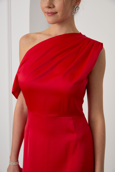 Lafaba Women's Red Degaje Collar Slit Satin Midi Dress