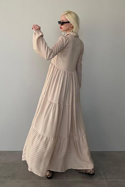 Madmext Bej Çizgili Düğmeli Uzun Elbise MG2392