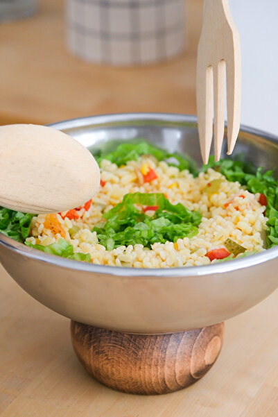 Beige & Stone Steel 22 cm Salad Contraceptive Fruit Presentation Bowl with Wooden Legs