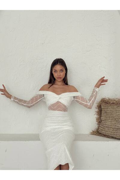 CAN ÇAPAR Rochie de seara de dama din tul brodat transparent rochie midi cu d...