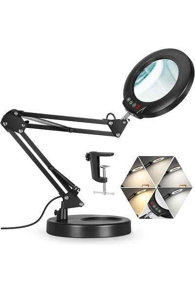 COOYA 2 in 1 foldable LED desk lamp, 5 color modes, 10 brightness levels, with 10x magnifying glass, black