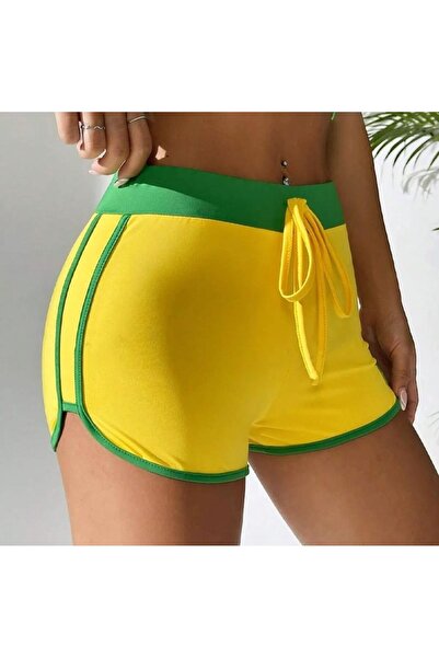 Köstebek Sarı Vintage Brasil Yeşil Şeritli Biyeli Kısa Şort