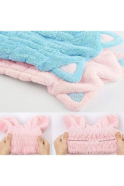 fulina 2 Pcs Hair Quick Drying Towel,Cute Kitty Ears,Elastic Band Design,for Various Head Sizes