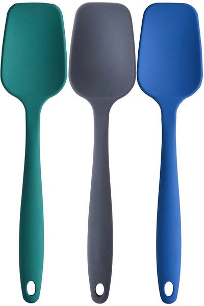 Kitchen Design Lab Large Size Fireproof Non-Stick Silicone Flat Spatula Blue Green Anthracite Set of 3