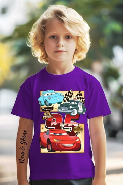 New Shine Arabalar Şimşek McQueen BASKILI BASKILI OVERSİZE ÇOCUK T-SHİRT