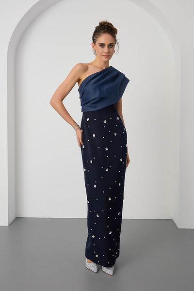 Lafaba Women's Navy Blue One Shoulder Stone Promise Engagement Wedding Evening Dress