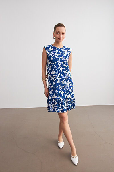 Trendseninle Γυναικείο Μίνι Αμάνικο Φόρεμα με Μπλε-Λευκό Σχέδιο