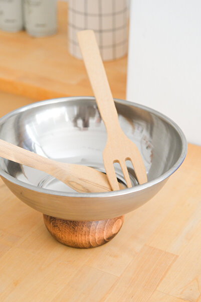 Beige & Stone Steel 22 cm Salad Contraceptive Fruit Presentation Bowl with Wooden Legs