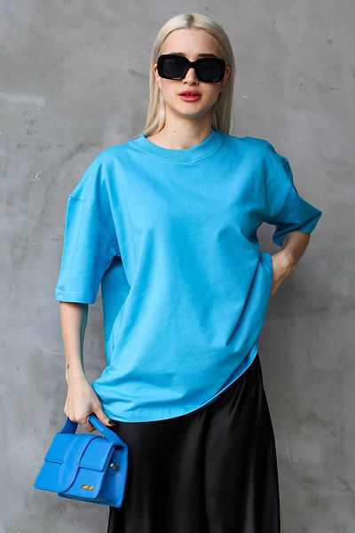Madmext Modré tričko Crew Neck Basic Oversize Mg1687