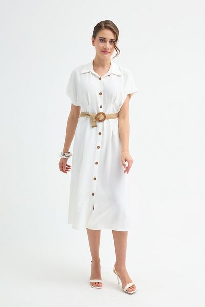 Lafaba Women's White Straw Belted Midi Shirt Dress